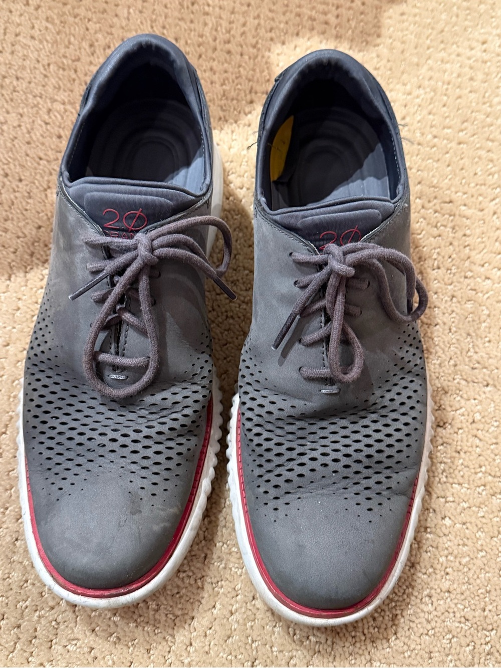 Cole Haan Gray Perforated Lace-Up Loafers with Red Trim